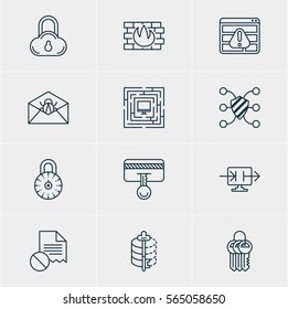Vector Illustration Of 12 Protection Icons. Editable Pack Of Network Protection, Safeguard, Key Collection And Other Elements.