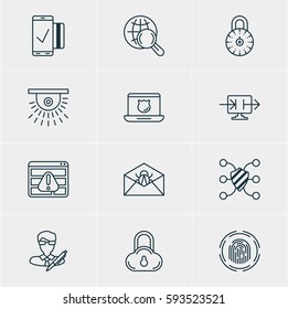 Vector Illustration Of 12 Protection Icons. Editable Pack Of Browser Warning, Finger Identifier, Corrupted Mail And Other Elements.