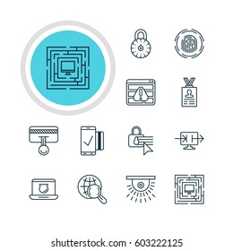 Vector Illustration Of 12 Protection Icons. Editable Pack Of Internet Surfing, System Security, Camera And Other Elements.