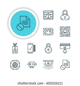 Vector Illustration Of 12 Protection Icons. Editable Pack Of Camera, Network Protection, Safety Key And Other Elements.