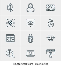 Vector Illustration Of 12 Protection Icons. Editable Pack Of Encoder, Data Security, Network Protection And Other Elements.
