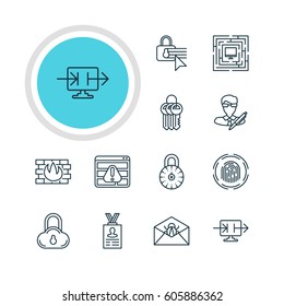 Vector Illustration Of 12 Protection Icons. Editable Pack Of Key Collection, Corrupted Mail, Account Data And Other Elements.