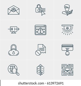 Vector Illustration Of 12 Protection Icons. Editable Pack Of Data Error, Corrupted Mail, Copyright And Other Elements.