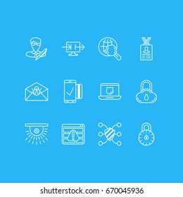 Vector Illustration Of 12 Protection Icons. Editable Pack Of Safe Lock, Safe Storage, Browser Warning And Other Elements.