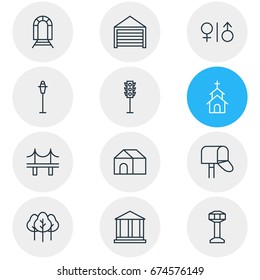Vector Illustration Of 12 Public Icons. Editable Pack Of Golden Gate, Subway, Home And Other Elements.