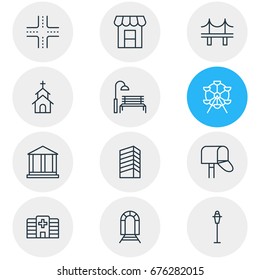 Vector Illustration Of 12 Public Icons. Editable Pack Of Skyscraper, Courthouse, Subway And Other Elements.