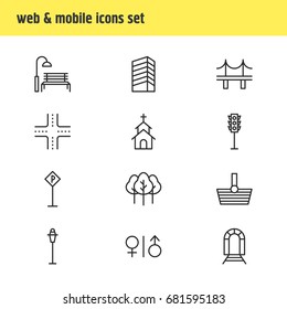 Vector Illustration Of 12 Public Icons. Editable Pack Of Road Sign, Lamppost, Skyscraper And Other Elements.
