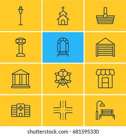 Vector Illustration Of 12 Public Icons. Editable Pack Of Awning, Basket, Building And Other Elements.