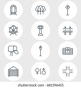 Vector Illustration Of 12 Public Icons. Editable Pack Of Parking, Lamppost, Intersection And Other Elements.
