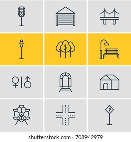 Vector Illustration Of 12 Public Icons. Editable Pack Of Toilet, Golden Gate, Semaphore And Other Elements.