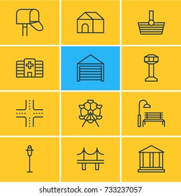 Vector Illustration Of 12 Public Icons. Editable Pack Of Intersection, Clinic, Basket And Other Elements.