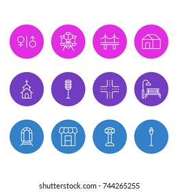Vector Illustration Of 12 Public Icons. Editable Pack Of Subway, Toilet, Lamppost And Other Elements.