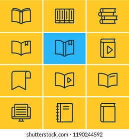 Vector illustration of 12 read icons line style. Editable set of publication, publish, textbook and other icon elements.