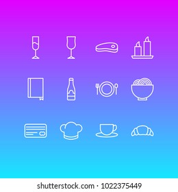 Vector illustration of 12 restaurant icons line style. Editable set of book, card, wineglass and other icon elements.