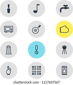 Vector illustration of 12 restaurant icons. Editable set of pizza cutter, ladle, grater and other icon elements.