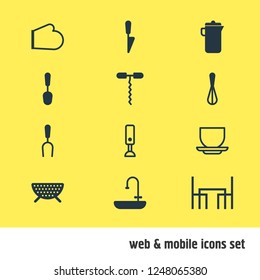Vector illustration of 12 restaurant icons. Editable set of colander, blender, carafe icon elements.