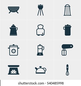 Vector Illustration Of 12 Restaurant Icons. Editable Pack Of Barbecue, Slicer, Teakettle And Other Elements.