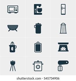 Vector Illustration Of 12 Restaurant Icons. Editable Pack Of Sieve, Slicer, Measuring Tool And Other Elements.