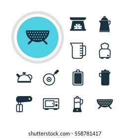 Vector Illustration Of 12 Restaurant Icons. Editable Pack Of Teakettle, Skillet, Measuring Tool And Other Elements.