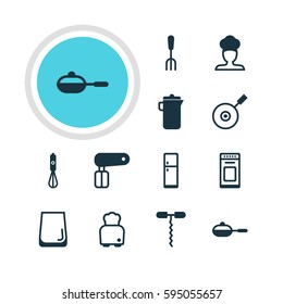 Vector Illustration Of 12 Restaurant Icons. Editable Pack Of Glass Cup, Wine Opener, Refrigerator And Other Elements.