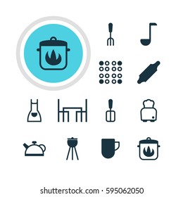 Vector Illustration Of 12 Restaurant Icons. Editable Pack Of Tea Cup, Stewpot, Dinner Table And Other Elements.