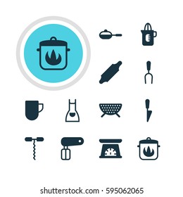 Vector Illustration Of 12 Restaurant Icons. Editable Pack Of Wine Opener, Whisk, Shaker And Other Elements.