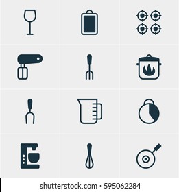 Vector Illustration Of 12 Restaurant Icons. Editable Pack Of Whisk, Barbecue Tool, Chopping Desk And Other Elements.