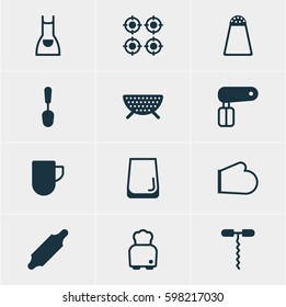 Vector Illustration Of 12 Restaurant Icons. Editable Pack Of Oven Mitts, Whisk, Wine Opener And Other Elements.