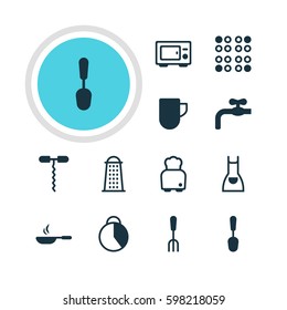 Vector Illustration Of 12 Restaurant Icons. Editable Pack Of Tea Cup, Timekeeper, Faucet And Other Elements.