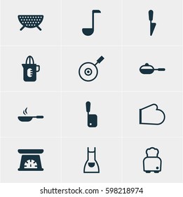 Vector Illustration Of 12 Restaurant Icons. Editable Pack Of Pan, Shaker, Butcher Knife And Other Elements.
