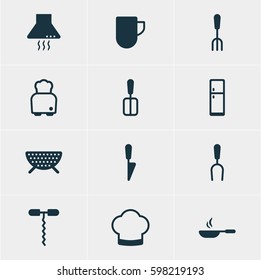 Vector Illustration Of 12 Restaurant Icons. Editable Pack Of Tea Cup, Cooking Spade, Barbecue Tool And Other Elements.
