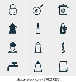 Vector Illustration Of 12 Restaurant Icons. Editable Pack Of Shaker, Bread, Pepper Container And Other Elements.