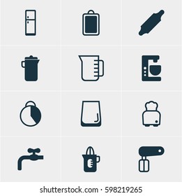 Vector Illustration Of 12 Restaurant Icons. Editable Pack Of Refrigerator, Carafe, Whisk And Other Elements.