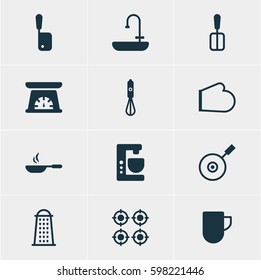 Vector Illustration Of 12 Restaurant Icons. Editable Pack Of Furnace, Mixer, Slicer And Other Elements.