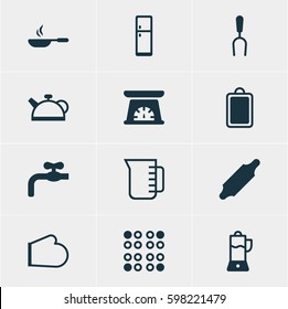 Vector Illustration Of 12 Restaurant Icons. Editable Pack Of Oven Mitts, Bakery Roller, Frying Pan And Other Elements.
