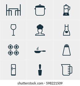 Vector Illustration Of 12 Restaurant Icons. Editable Pack Of Dinner Table, Refrigerator, Carafe And Other Elements.