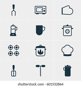 Vector Illustration Of 12 Restaurant Icons. Editable Pack Of Stewpot, Fruit Squeezer, Tea Cup And Other Elements.