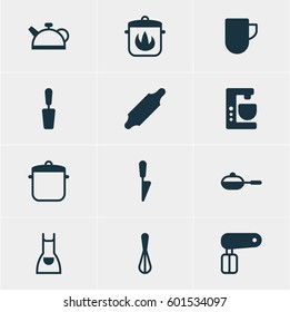 Vector Illustration Of 12 Restaurant Icons. Editable Pack Of Kitchen Dagger, Bakery Roller, Teakettle And Other Elements.