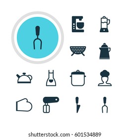 Vector Illustration Of 12 Restaurant Icons. Editable Pack Of Mixer, Sieve, Oven Mitts And Other Elements.