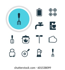 Vector Illustration Of 12 Restaurant Icons. Editable Pack Of Wine Opener, Furnace, Cooking Spade And Other Elements.