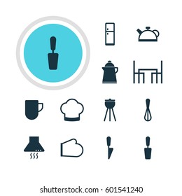 Vector Illustration Of 12 Restaurant Icons. Editable Pack Of Dinner Table, Oven Mitts, Extractor Appliance And Other Elements.