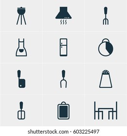 Vector Illustration Of 12 Restaurant Icons. Editable Pack Of Refrigerator, Butcher Knife, Timekeeper And Other Elements.