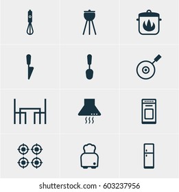Vector Illustration Of 12 Restaurant Icons. Editable Pack Of Barbecue, Oven, Refrigerator And Other Elements.