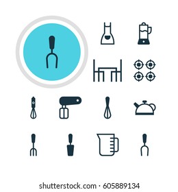 Vector Illustration Of 12 Restaurant Icons. Editable Pack Of Whisk, Fork, Barbecue Tool And Other Elements.
