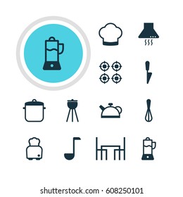 Vector Illustration Of 12 Restaurant Icons. Editable Pack Of Barbecue, Extractor Appliance, Teakettle And Other Elements.