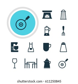 Vector Illustration Of 12 Restaurant Icons. Editable Pack Of Fruit Squeezer, Skillet, Pepper Container And Other Elements.