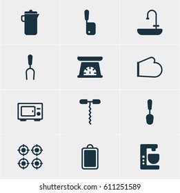 Vector Illustration Of 12 Restaurant Icons. Editable Pack Of Barbecue Tool, Measuring Tool, Mixer And Other Elements.