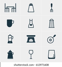 Vector Illustration Of 12 Restaurant Icons. Editable Pack Of Tea, Measuring Tool, Fork And Other Elements.