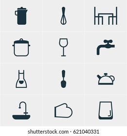 Vector Illustration Of 12 Restaurant Icons. Editable Pack Of Glass Cup, Oven Mitts, Dinner Table And Other Elements.