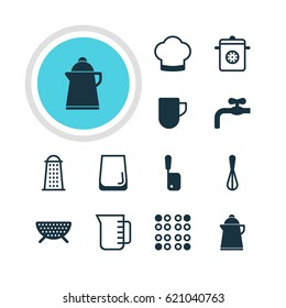 Vector Illustration Of 12 Restaurant Icons. Editable Pack Of Butcher Knife, Glass Cup, Carafe And Other Elements.